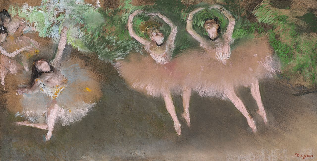 <br>Edgar Degas (French, 1834–1917<em>). </em><em>Ballet Scene</em><em>(Scène de ballet),</em> c. 1879. Pastel over monotype on paper. Plate: 8 x 16 in. (20.3 x 40.6 cm). William I. Koch Collection.
