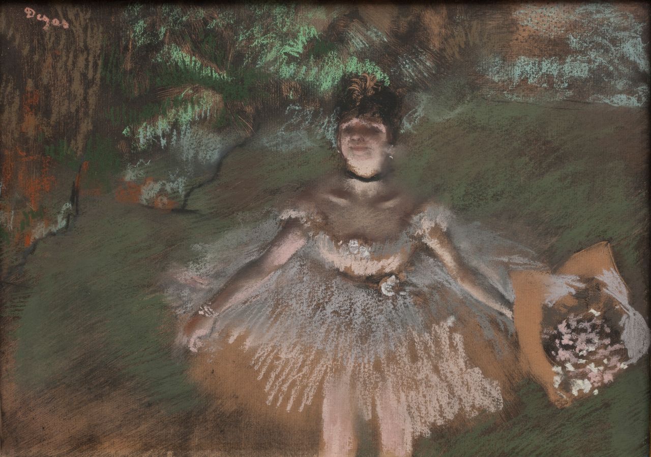 Edgar Degas (French, 1834–1917). <em>Dancer Onstage with a Bouquet</em>, c.1876. Pastel over monotype on laid paper. Plate: 10 5/8 × 14 7/8 in. (27 × 37.8 cm). Private collection.