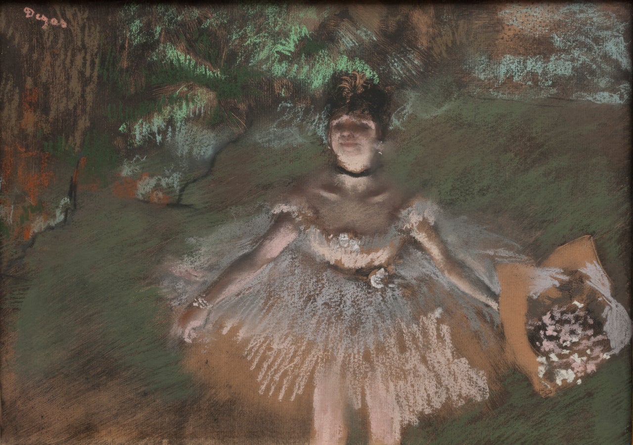 Edgar Degas (French, 1834–1917). Dancer Onstage with a Bouquet, c.1876. Pastel over monotype on laid paper. Plate: 10 5/8 × 14 7/8 in. (27 × 37.8 cm). Private collection.