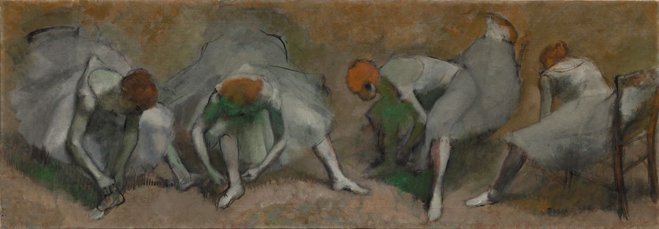 Edgar Degas (French, 1834–1917). <em>Frieze of Dancers (Danseuses attachant leurs sandales),</em> c. 1895. Oil on fabric. 27 9/16 × 78 15/16″ (70 × 200.5 cm). The Cleveland Museum of Art, Gift of the Hanna Fund. © The Cleveland Museum of Art.