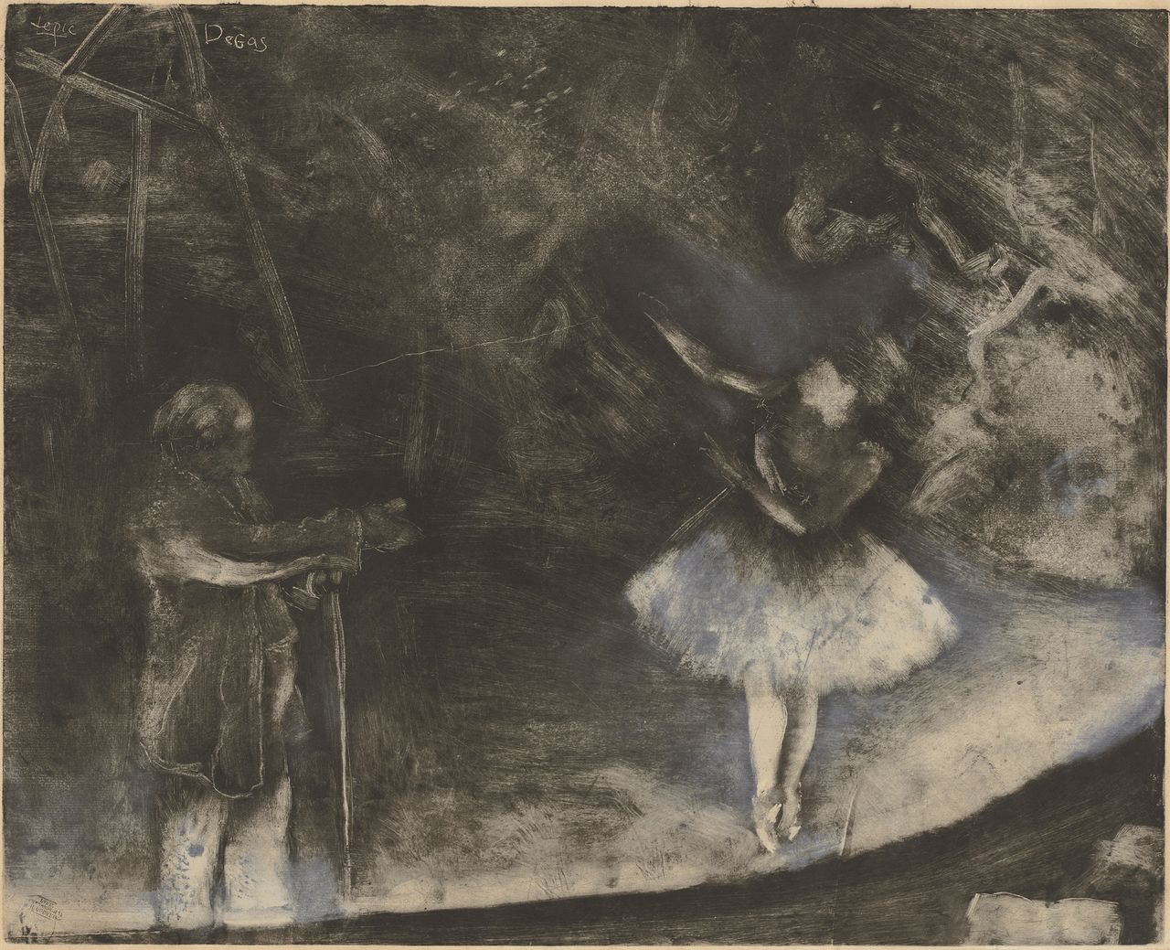 Edgar Degas (French, 1834–1917). The Ballet Master (Le Maître de ballet), c. 1876. White chalk or opaque watercolor over monotype on paper. Plate: 22 1/4 x 27 9/16 in. (56.5 x 70 cm), sheet: 24 7/16 x 33 7/16 in. (62 x 85 cm). National Gallery of Art, Washington, D.C. Rosenwald Collection, 1964.