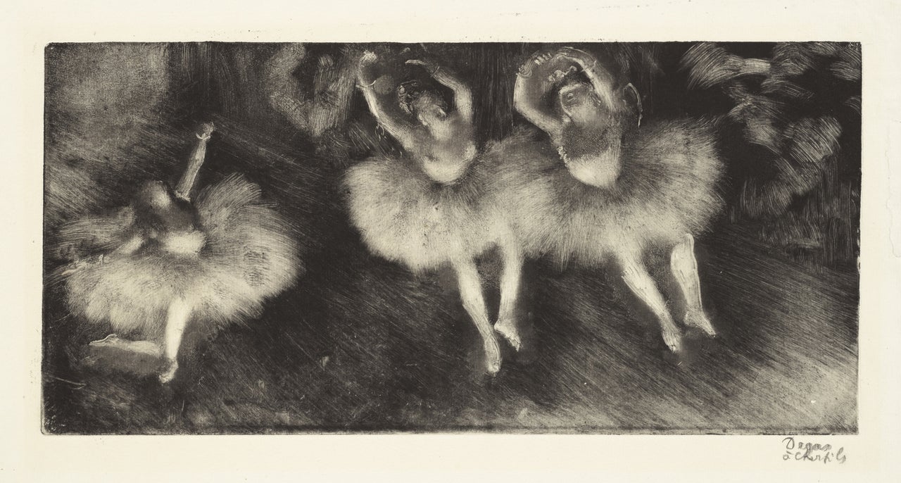 <br>Edgar Degas (French, 1834–1917). <em>Three Ballet Dancers (Trois danseuses),</em> c. 1878-80. Monotype on cream laid paper. Plate: 7 13/16 × 16 3/8″ (19.9 × 41.6 cm). Sterling and Francine Clark Art Institute, Williamstown, Massachusetts.