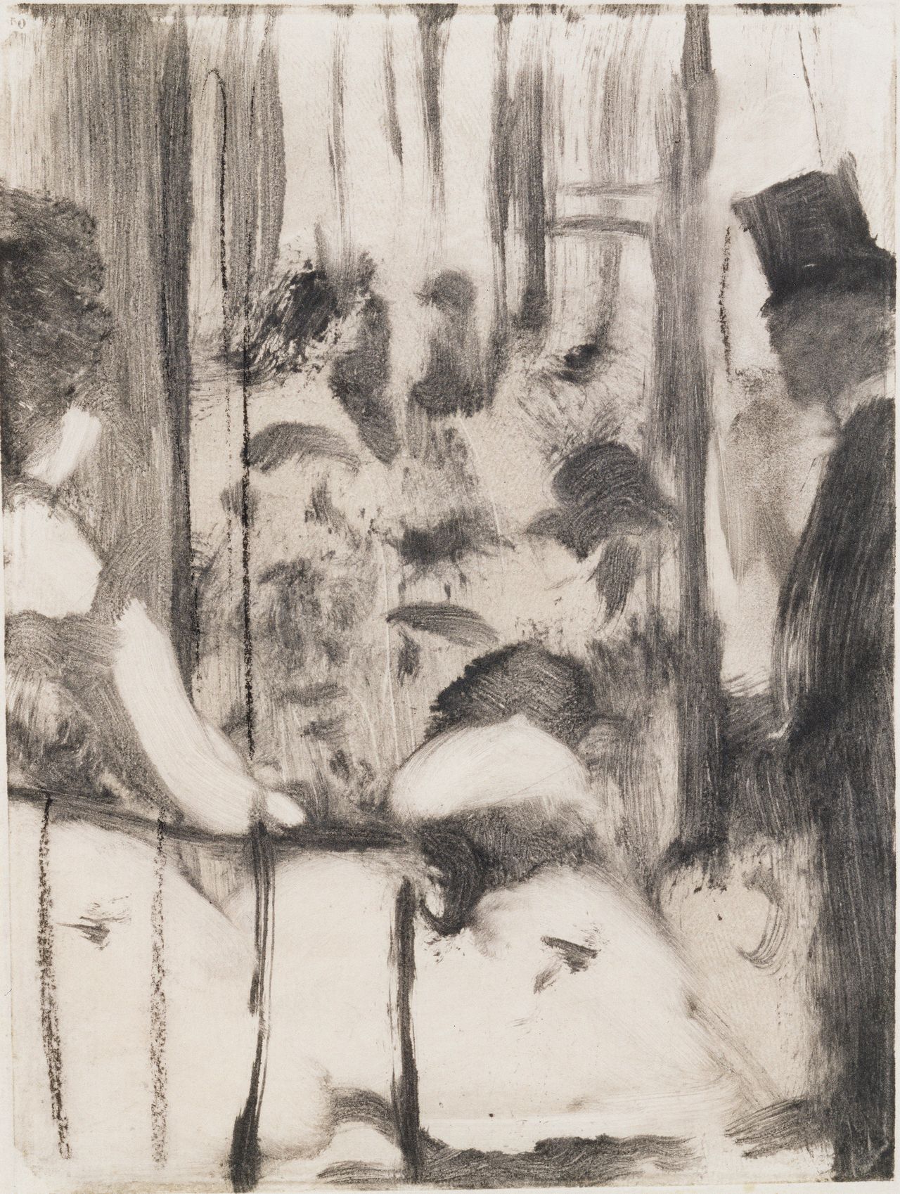 Edgar Degas (French, 1834–1917). Dancers Coming from the Dressing Rooms onto the Stage (Et ces demoiselles fretillaient gentiment devant la glace du foyer), c. 1876–77. Proposed illustration for The Cardinal Family (La Famille Cardinal). Pastel over monotype on paper. Plate: 8 3/8 × 6 1/4 in. (21.2 × 15.8 cm). Schorr Collection.