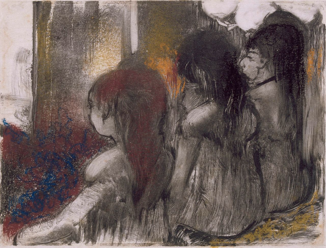 Edgar Degas (French, 1834–1917). <em>Three Women in a Brothel, Seen from Behind (Trois filles assises de dos)</em>, c. 1877–79. Pastel over monotype on paper. 6 5/16 x 8 7/16 in. (16.1 x 21.4 cm). Musée Picasso, Paris.