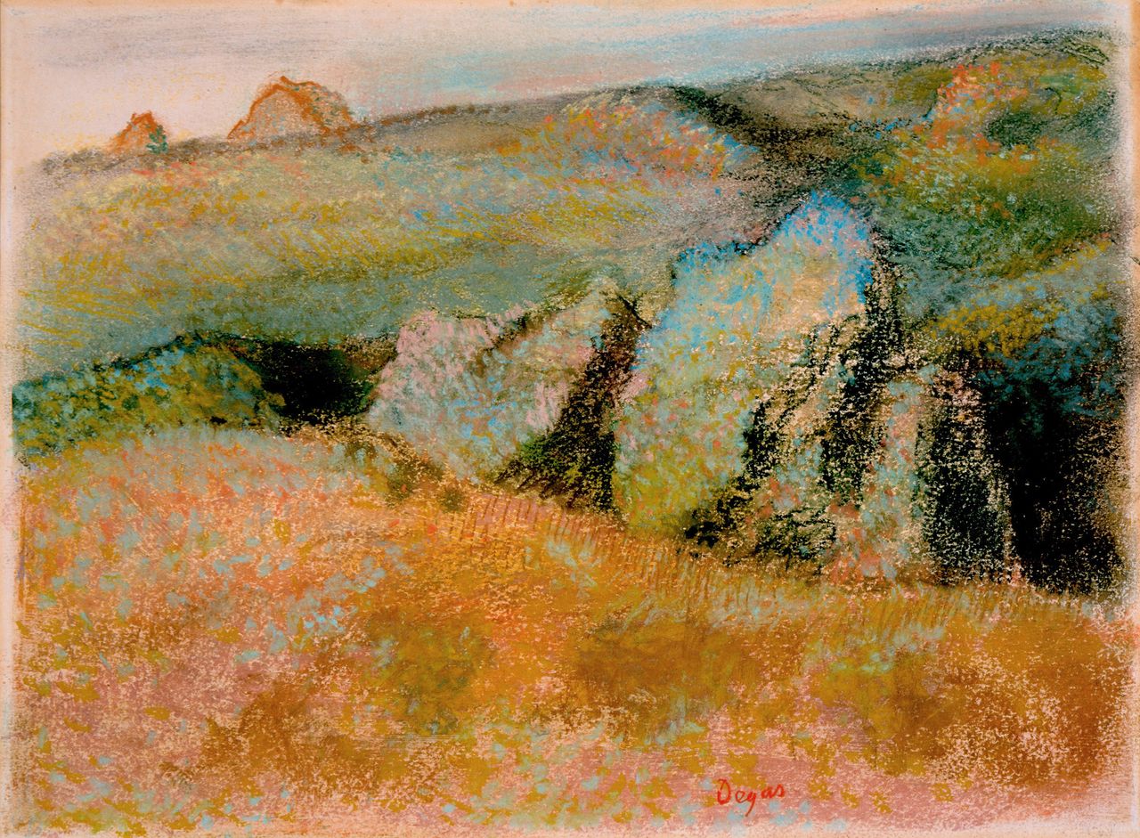 Edgar Degas (French, 1834–1917). Landscape with Rocks (Paysage avec rochers), 1892. Pastel over monotype in oil on wove paper. Sheet: 10 1/8 × 13 9/16″ (25.7 × 34.4 cm). High Museum of Art, Atlanta, Purchase with High Museum of Art Enhancement Fund.
