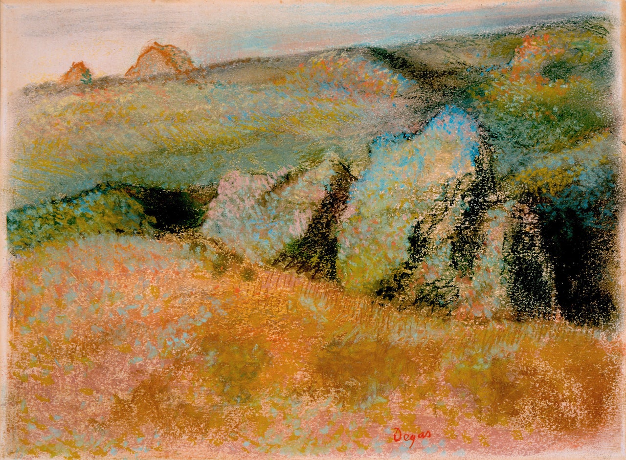 <br>Edgar Degas (French, 1834–1917). <em>Landscape with Rocks (Paysage avec rochers),</em> 1892. Pastel over monotype in oil on wove paper. Sheet: 10 1/8 × 13 9/16″ (25.7 × 34.4 cm). High Museum of Art, Atlanta, Purchase with High Museum of Art Enhancement Fund.