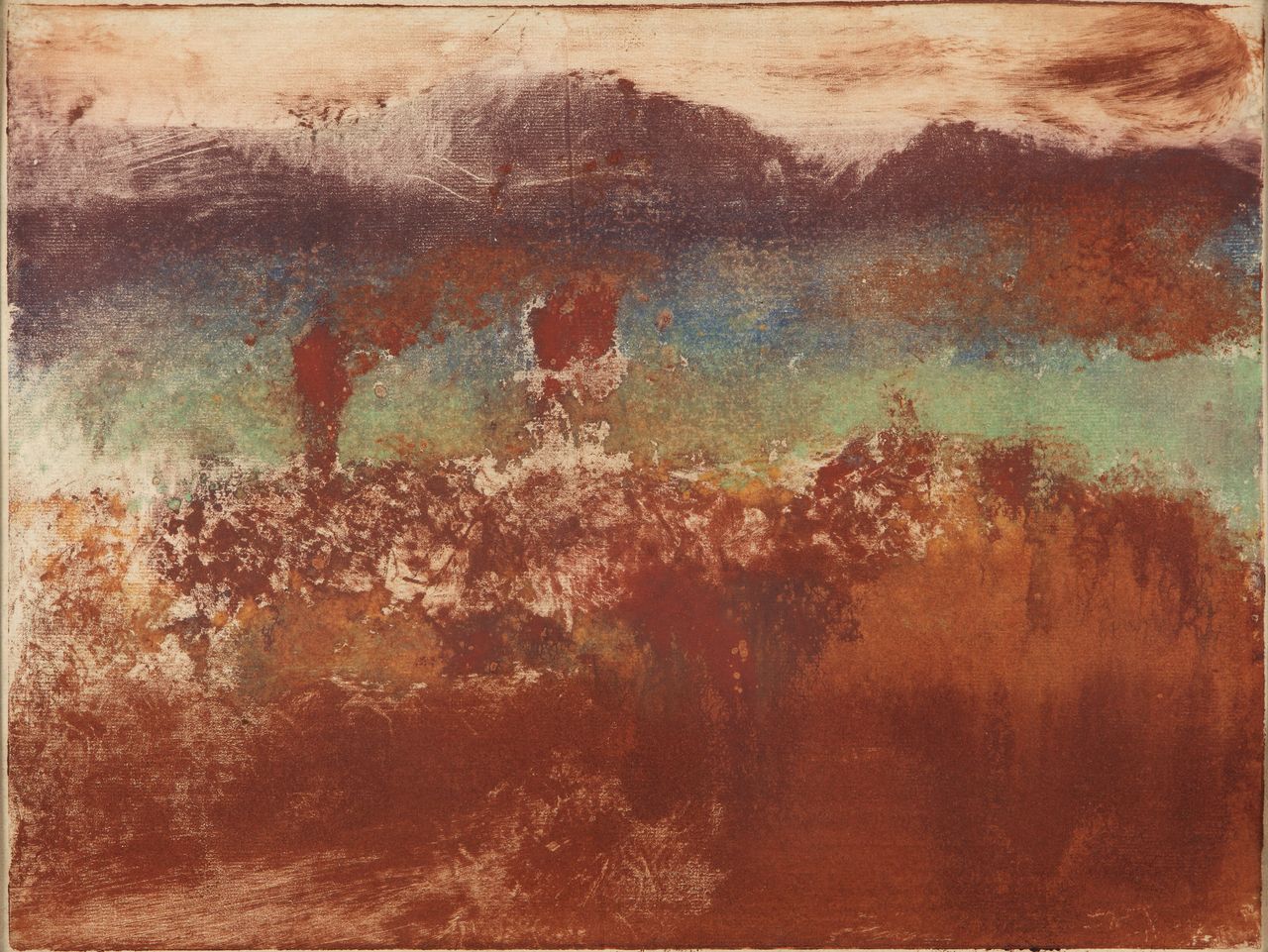 Edgar Degas (French, 1834–1917). Autumn Landscape (L’Estérel), 1890. Monotype in oil on paper. Plate: 11 7/8 x 15 3/4 in. (30.2 x 40 cm), sheet: 12 1/2 x 16 1/4 in. (31.8 x 41.3 cm). Private collection.