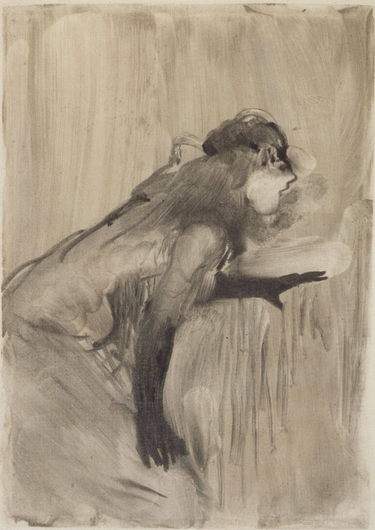 Edgar Degas (French, 1834–1917). Café-Concert Singer (Chanteuse de café-concert), c. 1877. Monotype on paper mounted on board. Plate: 7 5/16 x 5 1/16 in. (18.5 x 12.8 cm), sheet: 9 1/4 x 7 1/16 in. (23.5 x 18 cm). Private collection.