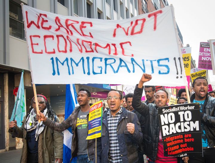 <strong>Campaigners protest the response to the refugee crisis from the government</strong>