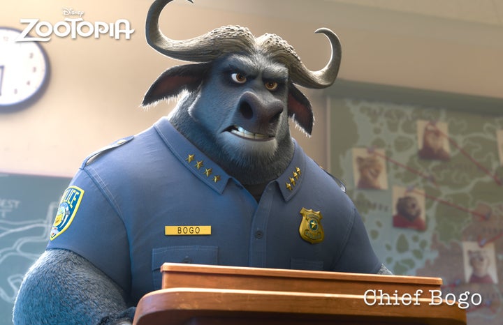 Police chief Bogo is a cape buffalo, voiced by Idris Elba, who doesn’t initially think much of bunnies.