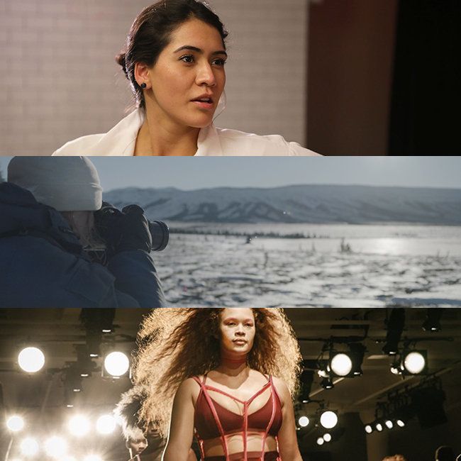 Stills, from top to bottom: "The Cocinera," about a 25-year-old woman chef, by Emily Harrold; "Women in the Wild," about female dog mushers in Alaska, by Erin Sanger; and "Chromat," on a structural plus-size lingerie line, by Anne Munger.