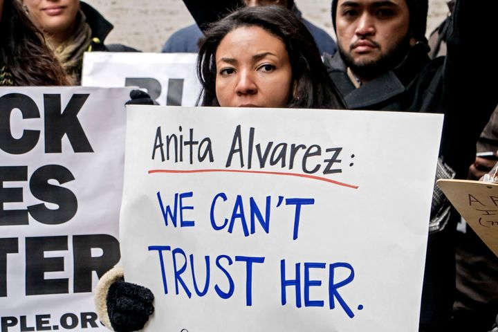 Protesters at a rally in Chicago calling for the removal of Cook County State's Attorney Anita Alvarez.