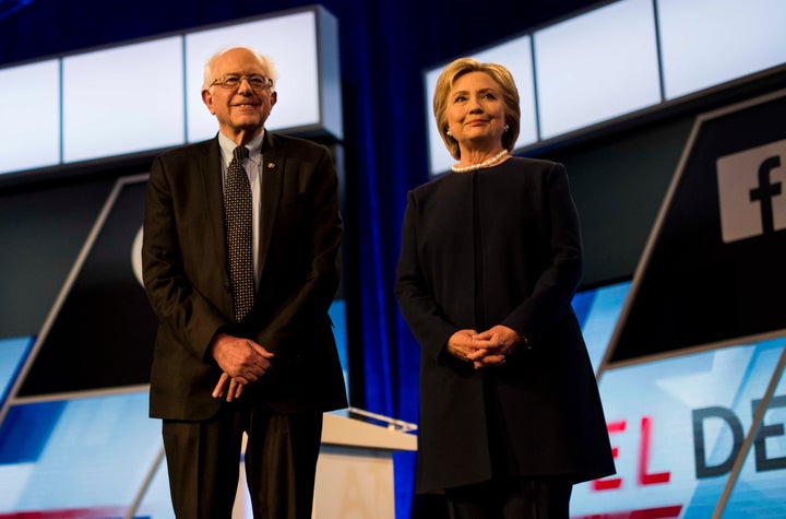 Sanders and Clinton at a Democratic presidential debate in Miami, Florida, earlier this month.