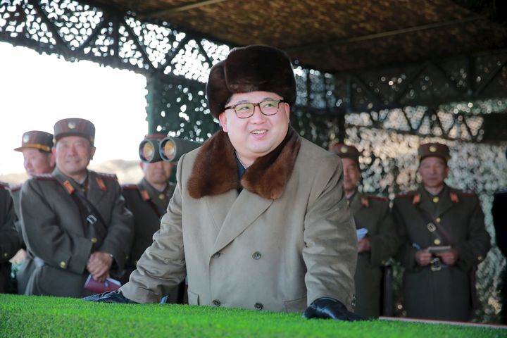 North Korean leader Kim Jong Un watches landing and anti-landing exercises being carried out by the Korean People's Army (KPA) at an unknown location, in this undated photo released by North Korea's Korean Central News Agency (KCNA) in Pyongyang.