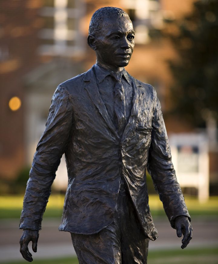 A noose and a depiction of the Confederate battle flag were hung on this statue of James Meredith at the University of Mississippi.