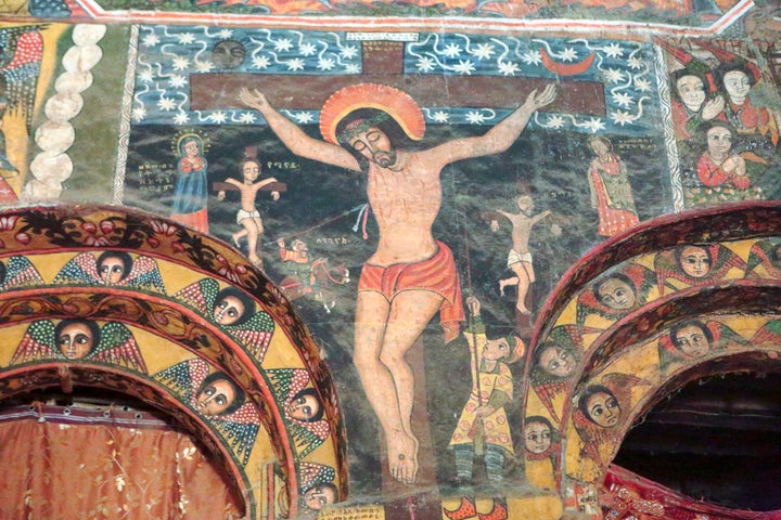 The crucifixion is depicted in this fresco from the Debre Berhan Selassie church in Ethiopia. 