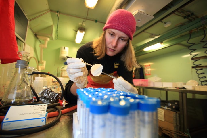 Friederike Gründger, a post-doc scholar working with Helge Niemann, filters methanotrophic microbes from water samples to measure methane consumption during the research cruise in the Svalbard archipelago, Norway.