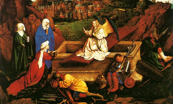 In this painting from 1440, three women visit Jesus' tomb. But his body is no longer there. In its place, they find an angel.