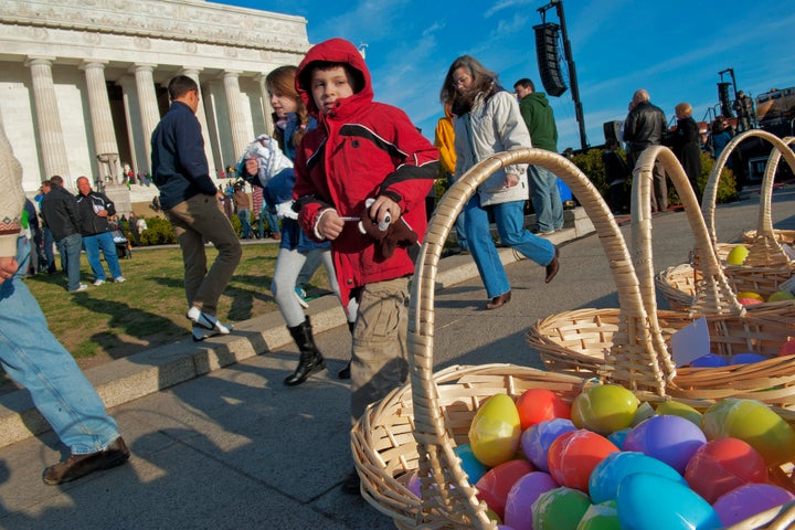 Baskets of candy filled colored plastic eggs entice passers by after the annual sunrise Easter service on the steps of the Lincoln Memorial on April, 08, 2012 in Washington, DC.