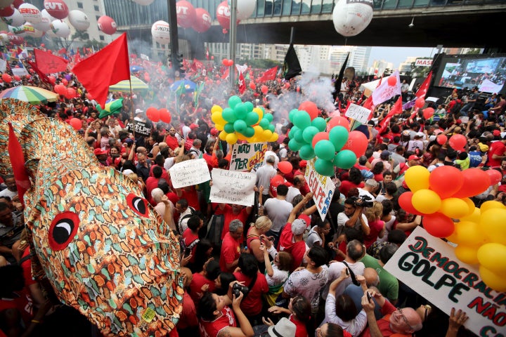 Other Brazilians demonstrate in support of President Dilma Rousseff and former President Lula da Silva in Sao Paulo on March 18, 2016.