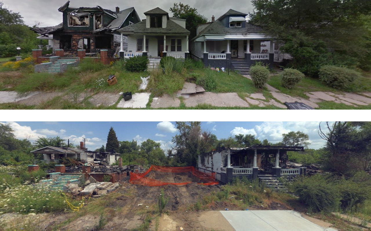 This Mackay Street block is shown in Google and Bing screenshots from September 2013 and August 2014. Alex Alsup uses the sites' map tools to captures images of the same homes year after year to document the abandonment and destruction that often follow when a home in Detroit goes through foreclosure.