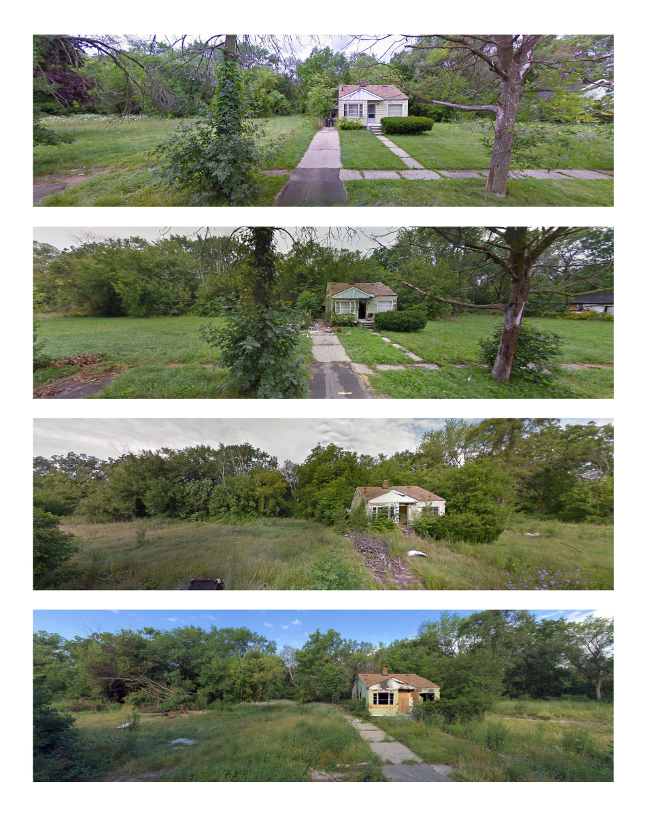 This home on Westbrook Avenue in the Brightmoor neighborhood was the first property Alex Alsup started tracking. The block is shown in Google and Bing images from August 2009, September 2011, August 2013 and August 2014.