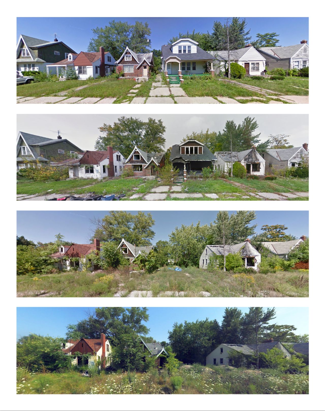 Only one person lived on this block of Hazelridge Street in 2014. The block is shown in September 2009, October 2011, September 2013 and August 2014 images from Google and Bing.