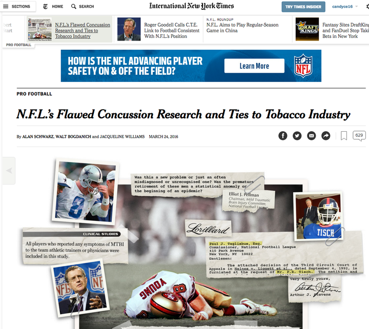 The NFL ran ads in the New York Times adjacent to the story it wished to dispute.