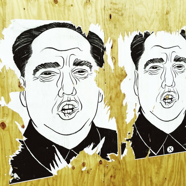 Jacob Thomas is behind this "Chairman Trump" piece (combining Trump's facial features with those of former Communist Chairman