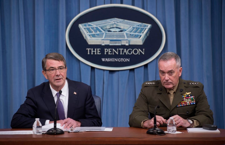 U.S. Secretary of Defense Ash Carter and Chairman of the Joint Chiefs of Staff Gen. Joseph Dunford speak to press about counter-ISIL operations at the Pentagon, in Washington on March 25, 2016.