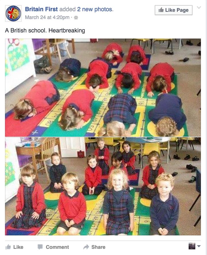 The picture Britain First supporters thought showed British school children being taught Muslim prayer