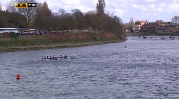 The Oxford boat far ahead of the Cambridge team