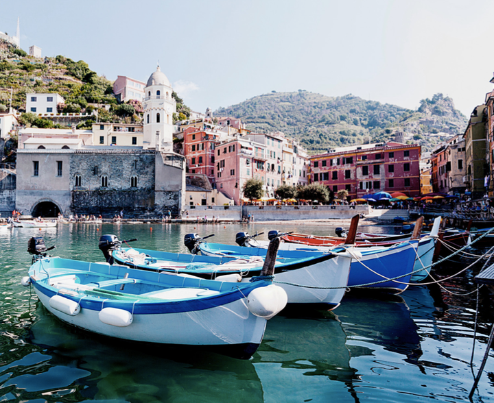 Vernazza, a view from the sea, and, below, Corniglia.