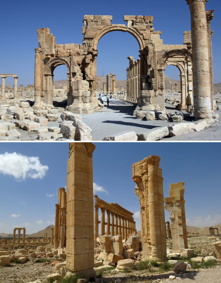 Archaeologists are optimistic that many structures inside Palmyra, the historic city that Syrian government forces retook from Islamic State militants Sunday, could still be restored. The top image shows Palmyra's Arch of Triumph in June 19, 2010; the bottom image shows the structure's remains on March 27, 2016.