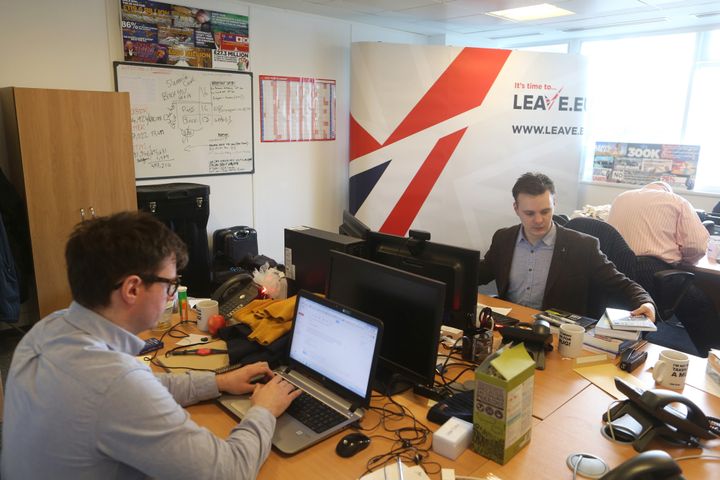 Employees work at their desks inside the Leave.EU campaign headquarters, a party campaigning against Britain's membership of the European Union, in London, U.K., on Thursday, Feb. 11, 2016