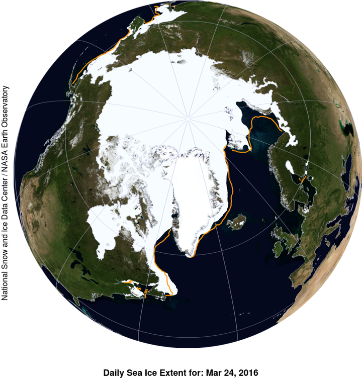 This NASA Blue Marble image shows the extent of Arctic sea ice on March 24, 2016, compared to the boundary of the average maximum sea ice levels, outlined in orange.