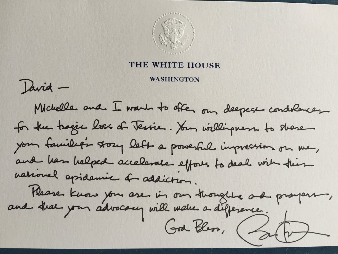 President Obama's note to David Grubb upon hearing about the passing of his daughter, Jessica.