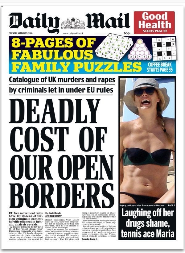 <strong>The front page of today's Daily Mail decried the 'deadly' cost of open borders'</strong>