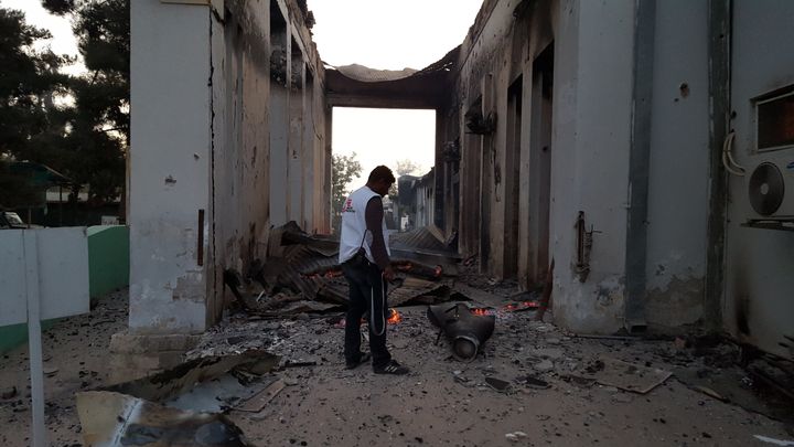 An MSF staffer surveys the damage following the U.S. military's strikes on the Kunduz trauma center on Oct. 3. The ICU was the first to be hit and much of the hospital was left incinerated. 