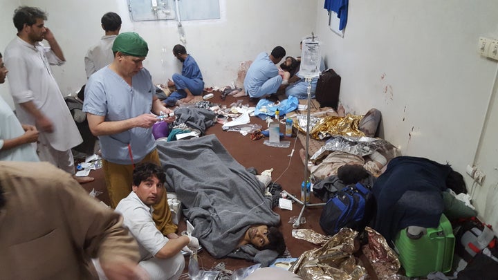 MSF staff performing emergency medical care on victims of the U.S. bombings in the hospital's basement on Oct. 3.&nbsp;