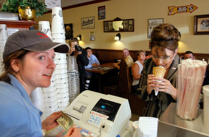 Sarah Palin is actually eating "moose tracks" here, which is a bi-partisan blend of vanilla ice cream with peanut butter cups and fudge.