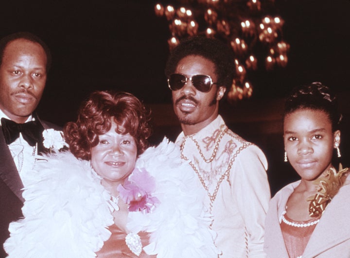 Lula Mae Hardaway and her son, Stevie Wonder (both center), attend the 1974 Grammy Awards with other family members.