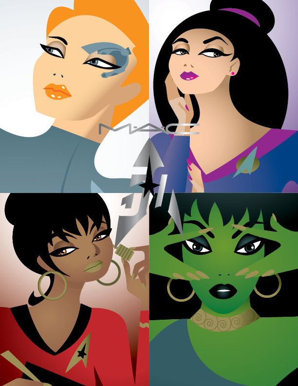 Caricatures of Star Trek female characters Seven of Nine, Deanna Troi, Uhura and Vina, the Orion girl, front the campaign for MAC's new Star Trek makeup collection.