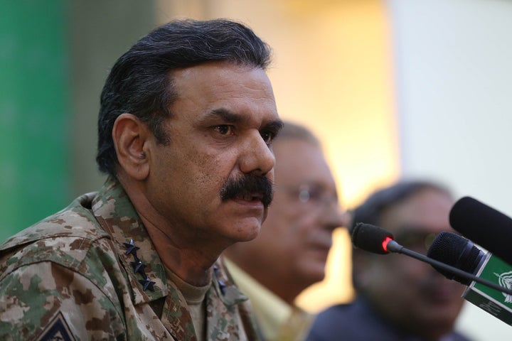 Pakistani Army Spokesman Lieutenant General Asim Saleem Bajwa holds a press conference at the Building of Ministry of Informa