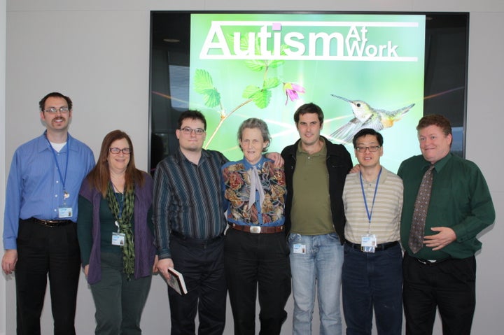 Employees at SAP's Palo Alto campus pose with autism advocate Temple Grandin, who visited on the one-year anniversary of the company's Autism At Work program.