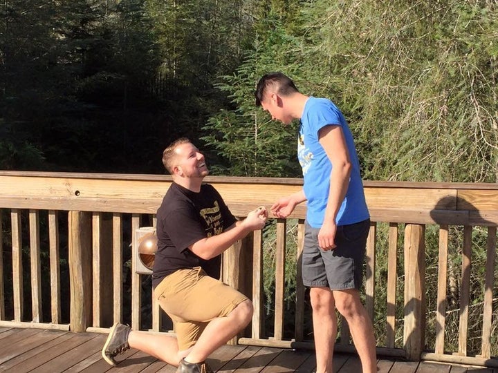 Derrick Walker pops the question to boyfriend Garrett Galvan at The Wizarding World of Harry Potter in Orlando, Florida.