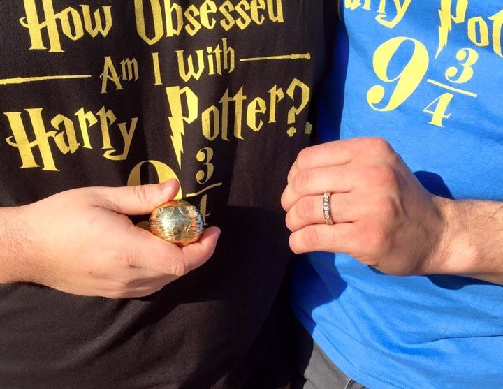 The happy couple decked out in their matching <i>Harry Potter</i> t-shirts. 