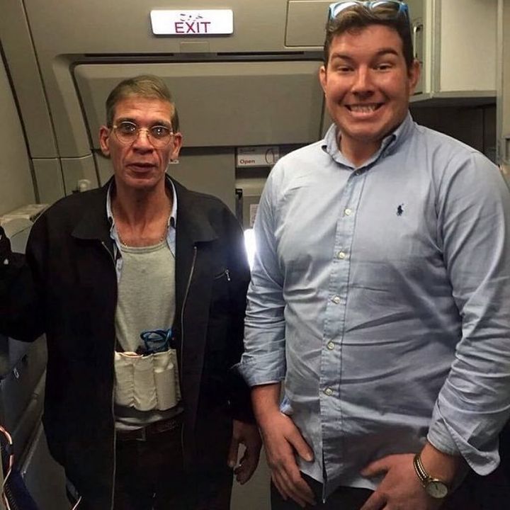 British passenger Ben Innes poses for a photo with EgyptAir hijacker Seif al-Din Mustafa.