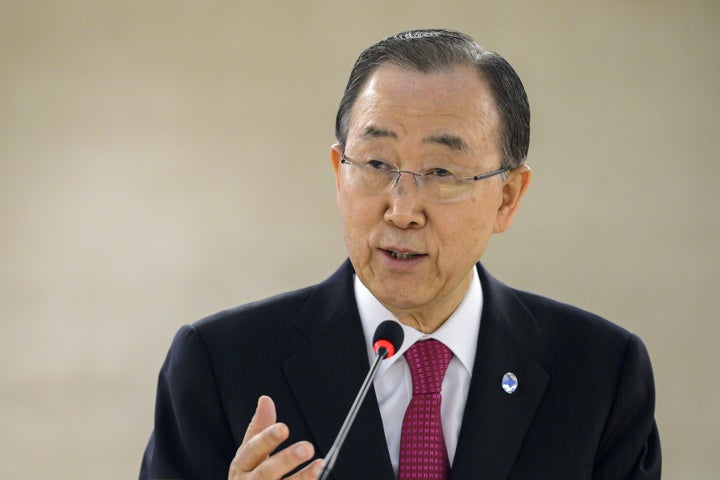 UN Secretary General Ban Ki-Moon delivers a speech during a conference of the United Nations High Commissioner for Refugees, aimed at securing concrete pledges from world nations to resettle Syrian refugees, on March 30, 2016 at the UN Offices in Geneva.