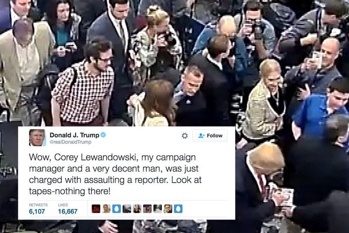 Republican Presidential candidate Donald Trump's campaign manager Corey Lewandowski is seen allegedly grabbing the arm of reporter Michelle Fields in this still frame from video taken March 8, 2016.